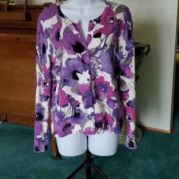 Charter Club Sweaters - Charter Club Floral Long Sleeve Button Cardigan Purple Size Medium